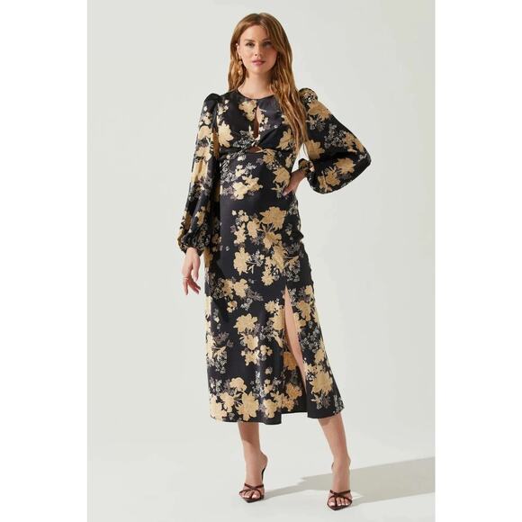 ASTR The Label Women's Suzy Satin Cutout Maxi Long Sleeve Dress in Navy Taupe - Picture 5 of 7